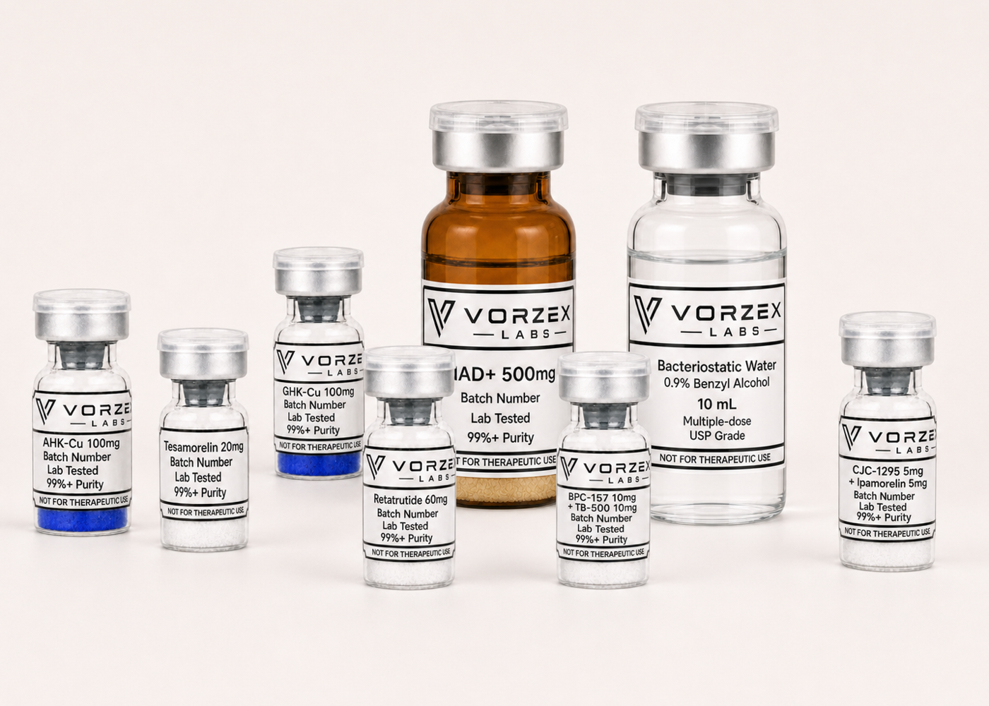 Selection of VORZEX research products in clear and amber laboratory vials